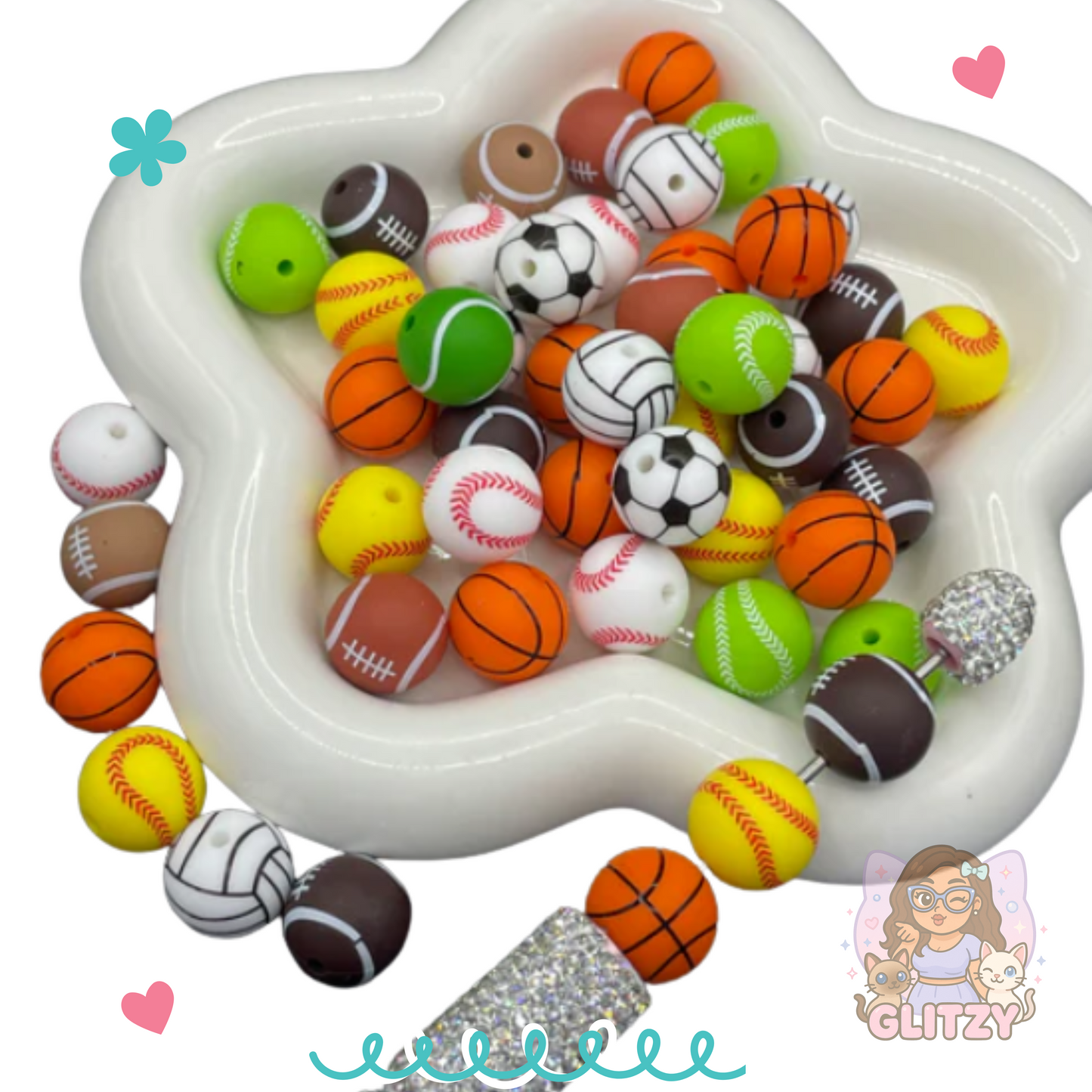 Sports Printed Silicone Beads – 15mm Mixed Set