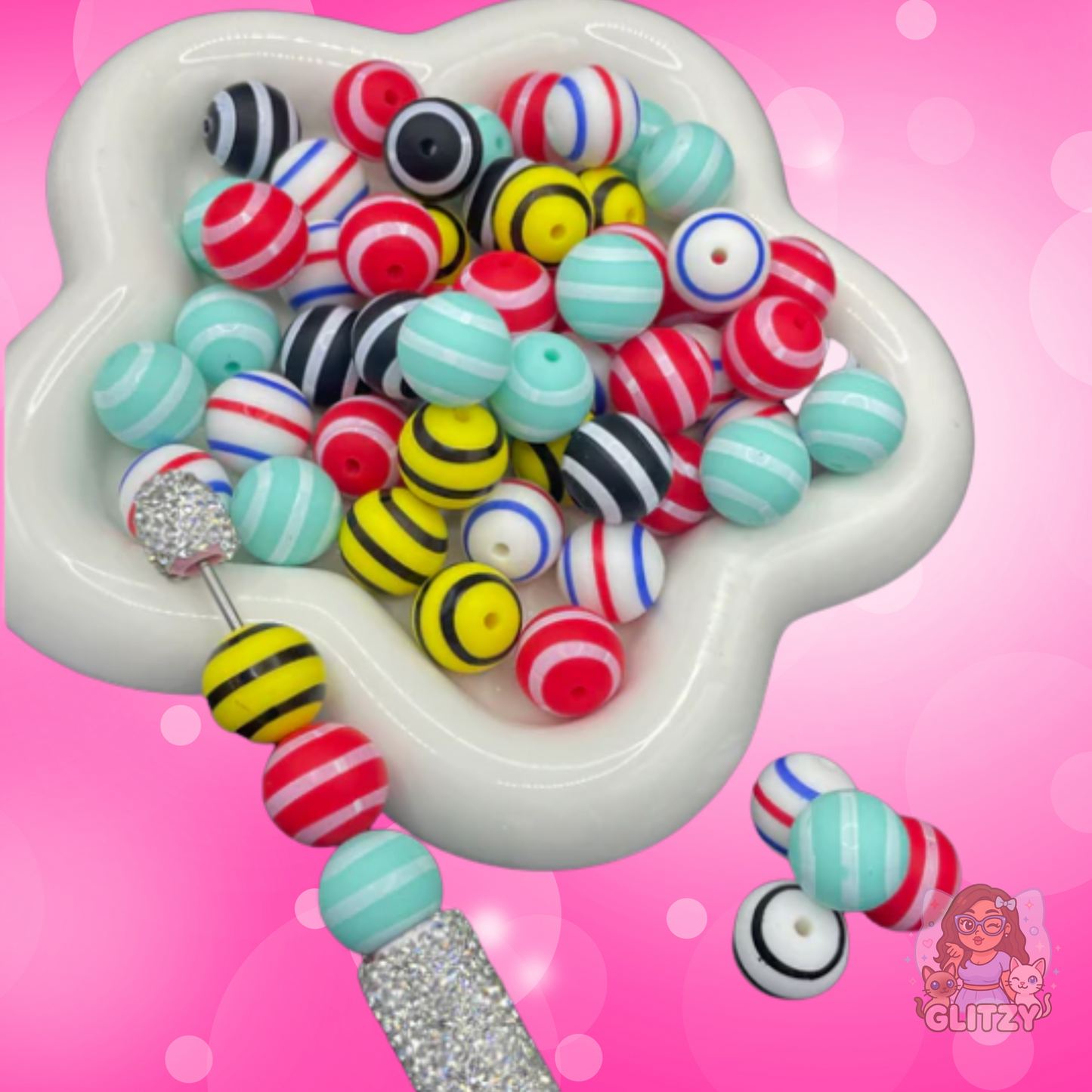 Stripe Printed Silicone Beeds – 15mm, Random Color Mi