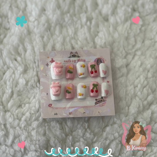 Kawaii Fruity Press-On Nail Kit – 3D Bubble Tea &amp; Cherry Love