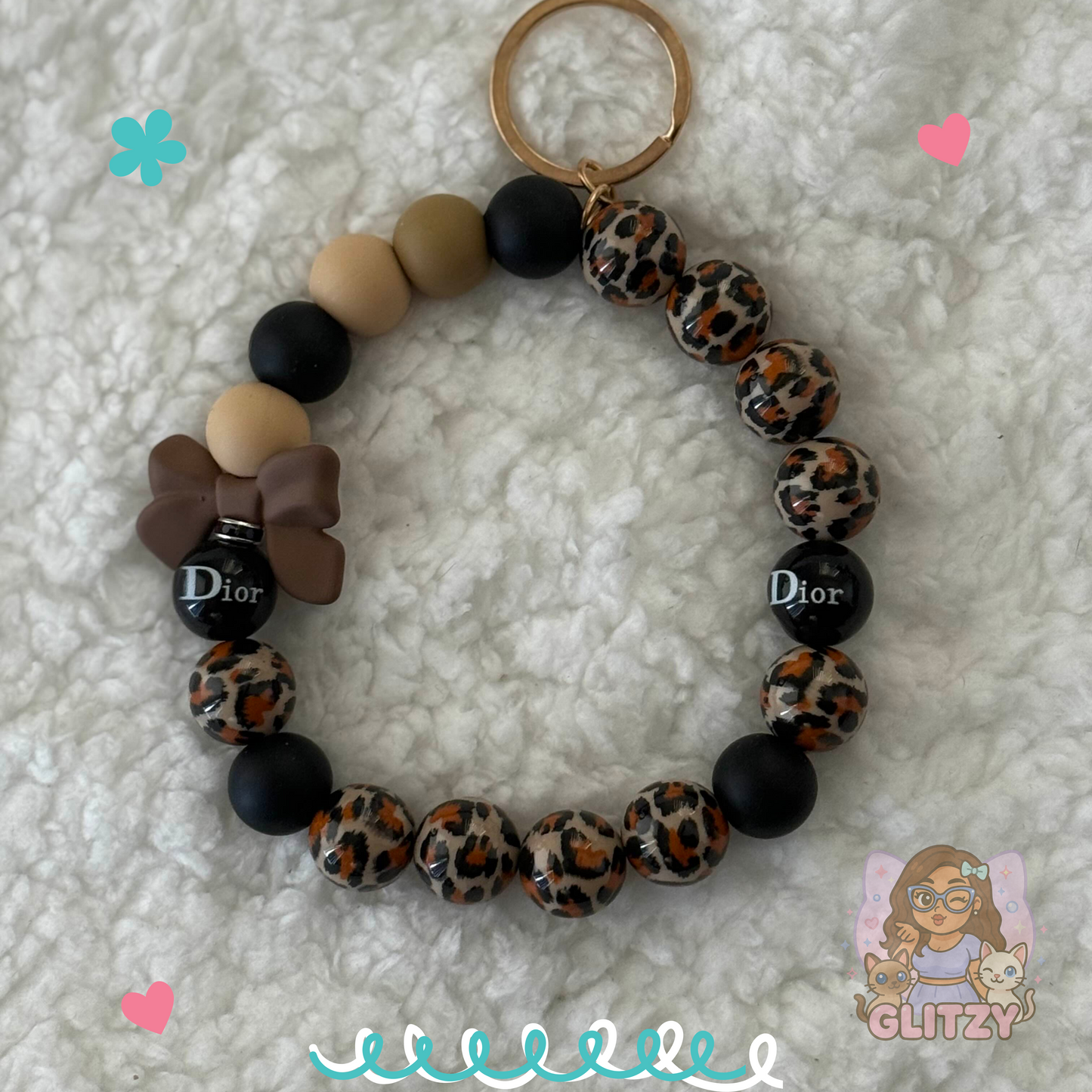 Leopard Luxe Dior-Inspired Wristlet – with Clay Bow Charm