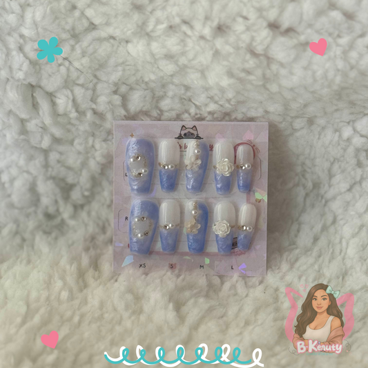 Frosted Pearl Press-On Nail Kit – Blue Rose Elegance