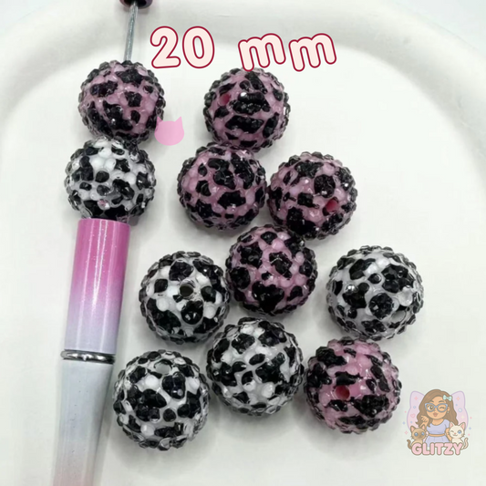 Cow Printed Acrylic Beads with Clear Acrylic Rhinestone, 20MM