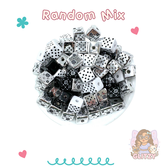 15mm Square Black, White & Silver Chunky Beads