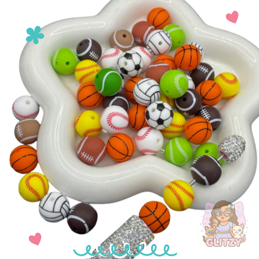 Sports Printed Silicone Beads – 15mm Mixed Set