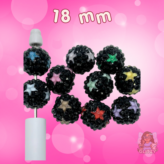 Black Acrylic Beads with Clear Acrylic Rhinestone and Small Stars, Random Mix, 18MM